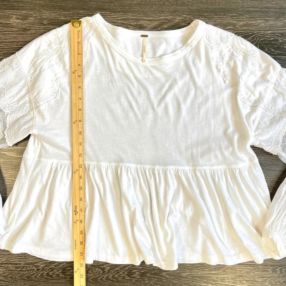 Free People White Embroidered Mesh Sleeve Babydoll Peplum Top XS Boho Cotton